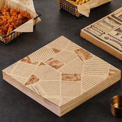 100/300张防油纸，复古报纸印刷风格食品包装纸，汉堡包防油纸，蜡纸，面包纸，用于吸油、分离油脂以及包装面包、三明治、汉堡、薯条、披萨等。
