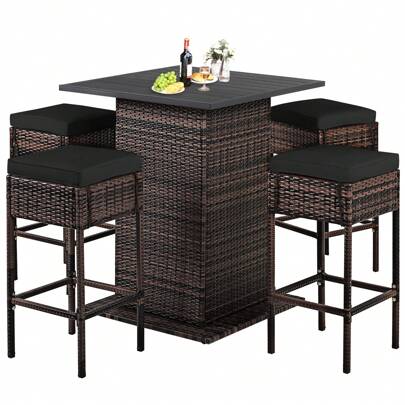 5PCS Patio Rattan Bar Table Stool Set Hidden Storage Shelf Cushion Red Patio Black