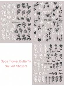 FULL BEAUTY 5D Zwart Wit Bloem Blad Nail Art Stickers 5D Geëmbosseerde Zelfklevende Acryl Decals, Kant Vlinder 3D Bloemen Bloeiende Lente Nail Art Decals DIY Zelfklevende Nail Art Decoraties Manicure