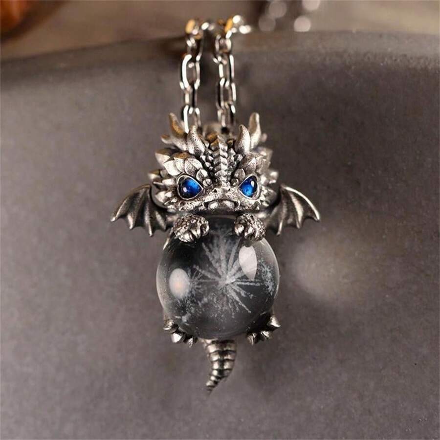 1pc Vintage Silver Chinese Blue Dragon Pendant Necklace, Cute Small Dragon Choker Necklace, Hiphop Jewelry Gift