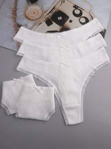 5 条装女士白色可爱蝴蝶结蕾丝边性感丁字裤 - 白色 - 查看 4