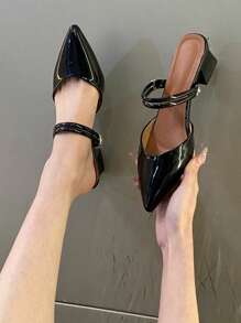 Sandalias de tacón bloque brillante con punta afilada para mujeres, estilo francés versátil sandalias de tacón medio con punta abierta, sandalias brillante negro con punta abierta y correa, diseño nuevo verano 2025, tacones altos para mujeres