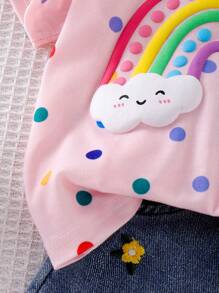 2pcs Baby Girl Cloud Rainbow Polka Dot Print Short Sleeve T-Shirt Top And Floral Embroidered Elastic Waist Denim Shorts Set - Pink - View 7