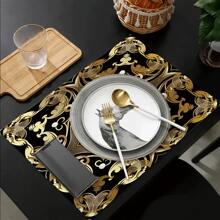 Elegant Pearl & Golden Floral Linen Placemats (1/4/6pcs Set) - Non-Slip, Heat-Resistant, Machine Washable, Perfect For Dining & Coffee Tables - Ideal For Home Decor