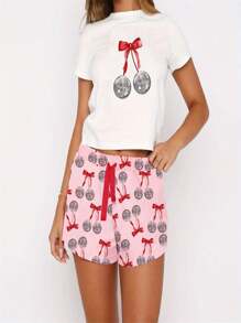 Women's Summer Pajamas Set Short Sleeve Heart/Bow/Fruit Print Tops Shorts Sleepwear Sets - Watermelon Red - View 2