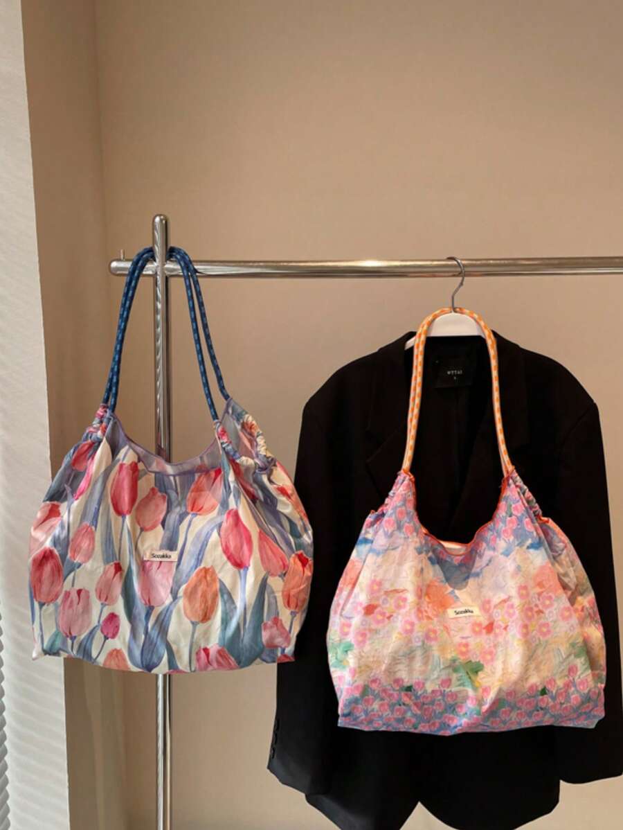 1pc Feng Summer Large-Capacity Shoulder Bag Preference Bag Shopping Bag Fresh Floral Tote Bag Underarm Bag