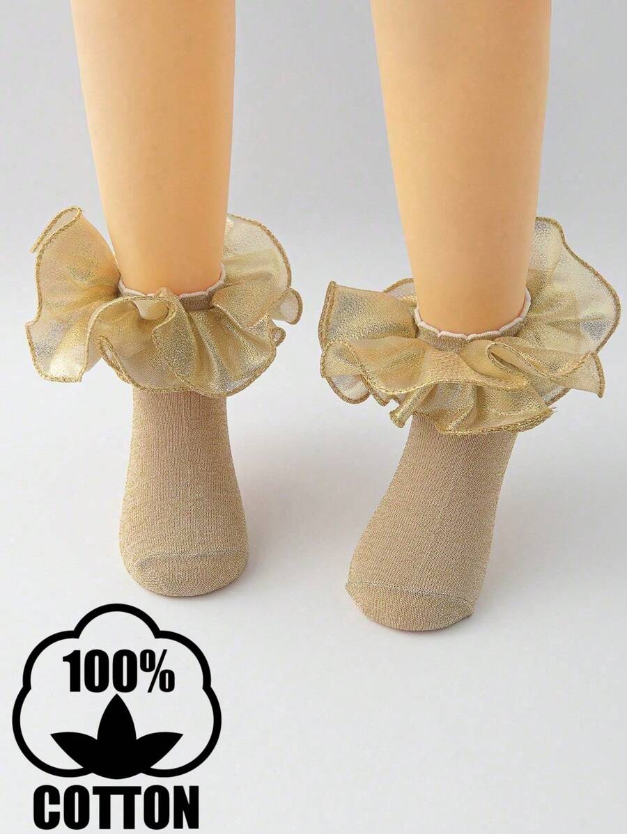 1 Pair Girls Cotton Fluffy Solid Color Gold Sequin Big Ruffle Cute Princess Ballet Dance Socks - Gold - View 1