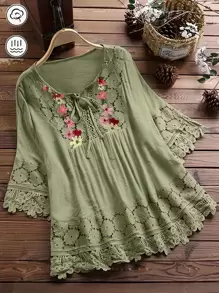 Patch Lace Floral Embroidered Knot Collar Casual Shirt