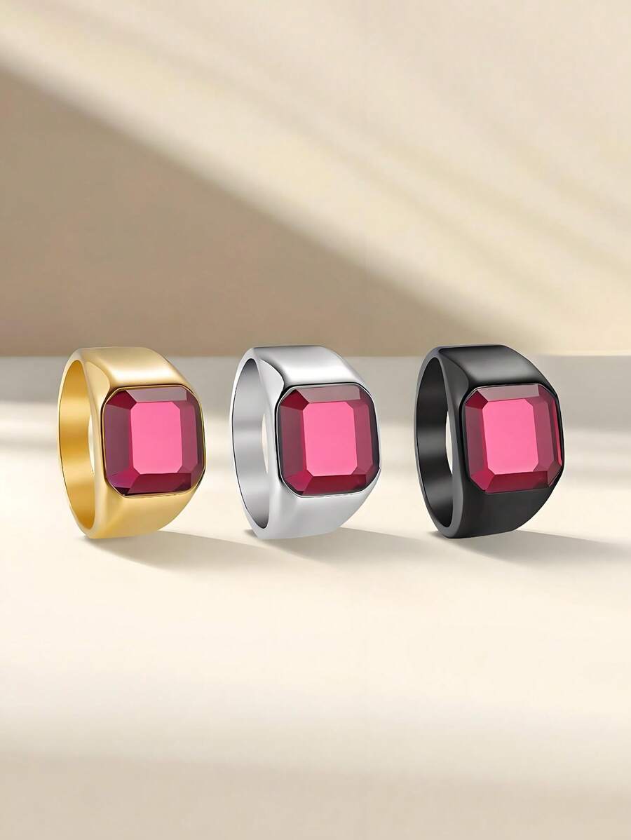 1pc Titanium Steel Rose Gold Simulation Gemstone Inlaid Ring - 1357 Gold-plated + Rose Red - View 1