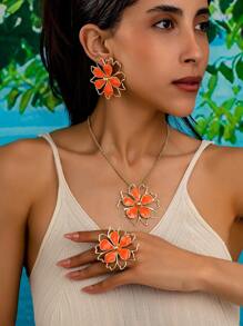 时尚优雅的波西米亚风金属珐琅镂空花朵首饰套装、项链、耳环、戒指，适合日常和节日佩戴，随机花朵设计 - 紫色 - 查看 2