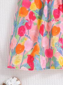 Toddler Girls' Floral Print Round Neck Cap Sleeve Cute Dress