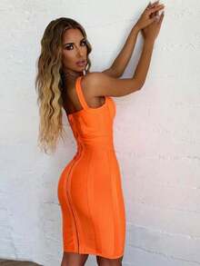 女士时尚性感优雅气质紧身纯色无袖连衣裙聚会鸡尾酒晚礼服 - 橘色 - 查看 10