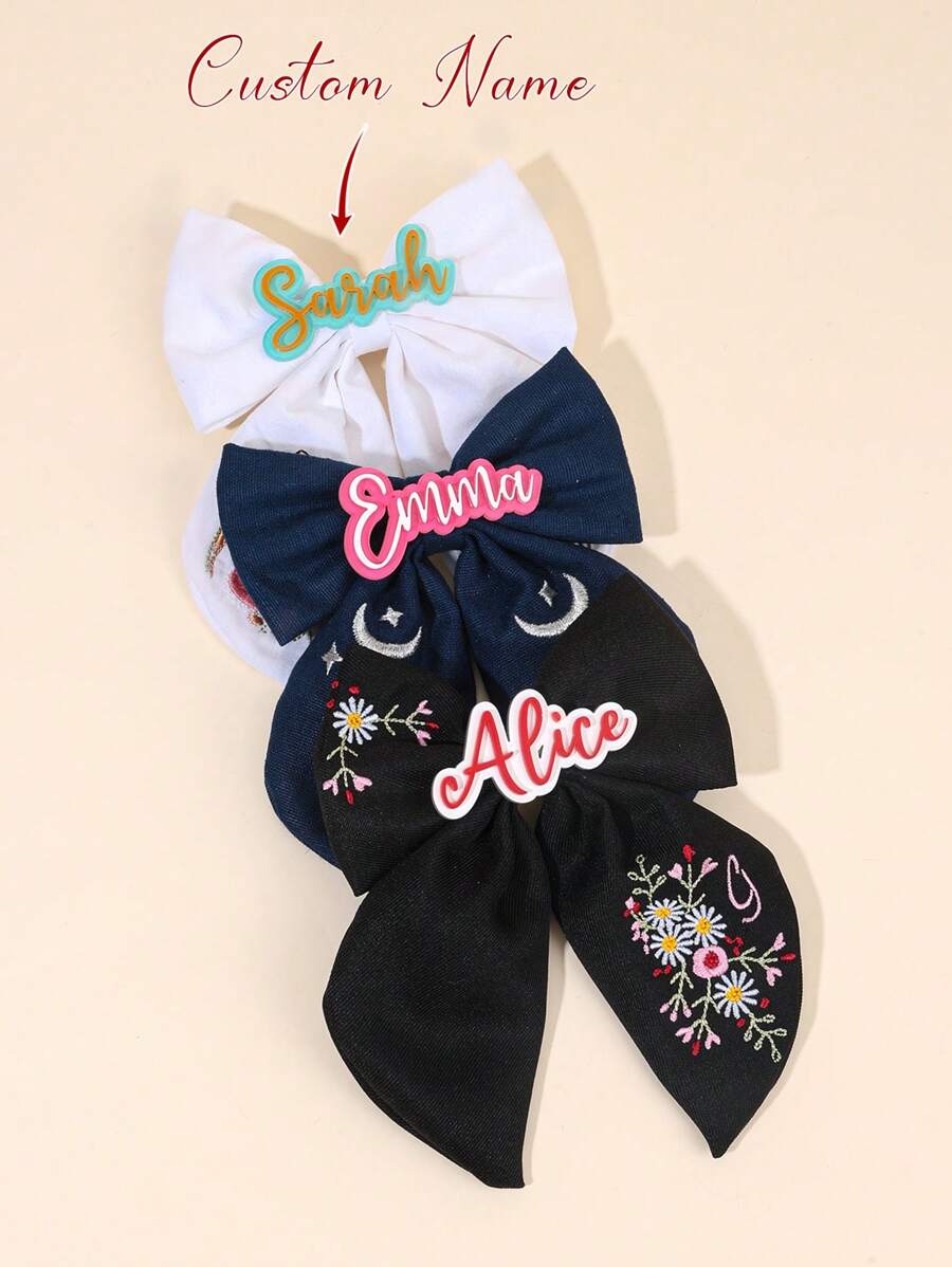1pc Custom Embroider Hair Bows For Women Girls Acrylic Personalized Name Bunny Star Moon Flower Embroidered Bow Alligator Clips Acrylic Customized Name White Navy Blue Black Bow Hair Clips Cute Bunny Star Moon Flower Bow Barrettes For Easter Party Vacation Holiday Gifts Bow Hair Clips Women Hair Accessories,Durable,Colorful,Cute,Adorable,Funny,Kawaii,Y2K,Stylish,Unisex,Casual,Custom,Personalized,Unique,Customized,Ideal Gifts For Him,Ideal Gifts For Her,Her,Boyfriend,Girlfriend,Family,Friends - Multicolor - View 1