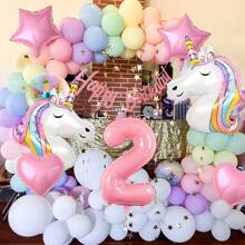 16pcs/Set Unicorn Theme Birthday Party Decorations, Suitable For Girls Purple & Pink Unicorn Party Theme Balloons, Large Rainbow Unicorn Foil Balloons, With Pink Birthday Banner, Hearts & Stars Party Supplies