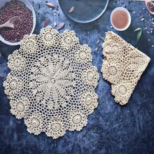 Sousplats Redondos Crochê Feitos à Mão Individuais de Renda Individuais Tricotadas Vazadas Sousplats Resistentes ao Calor Decoração de Mesa 16pol Bege/Branco