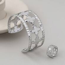 1 Bracelet + 1 Ring Set, Creative Fashion Lucky Clover Splicing Open Bangle Cocktail Ring