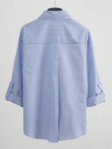 女式休闲长袖单排扣口袋条纹衬衫，秋季 - 藍白色 - 查看 8