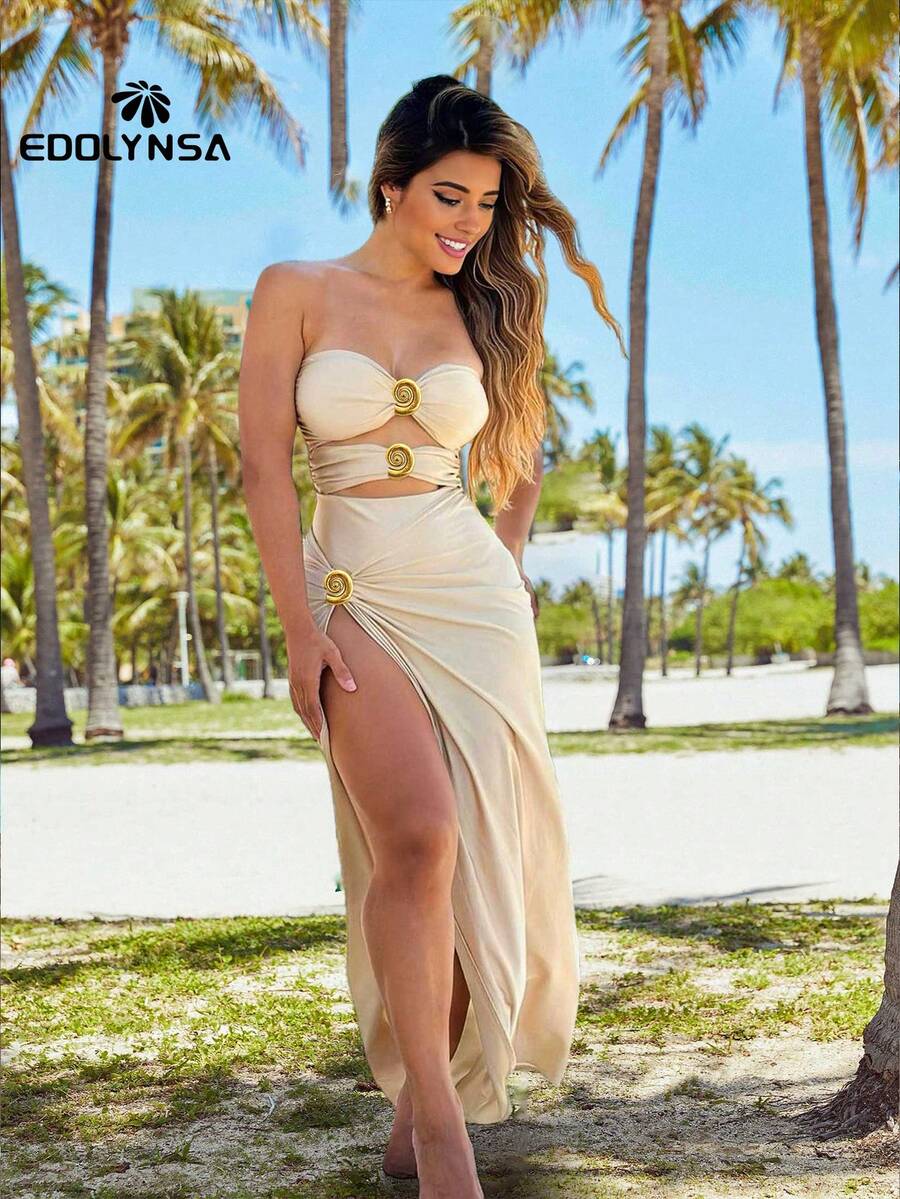 Sexy Women Solid Color Tube One-Piece Swimsuit With High Split Beach Skirt 2 Pieces Beachwear Conch Resort Wear - Beige - View 1