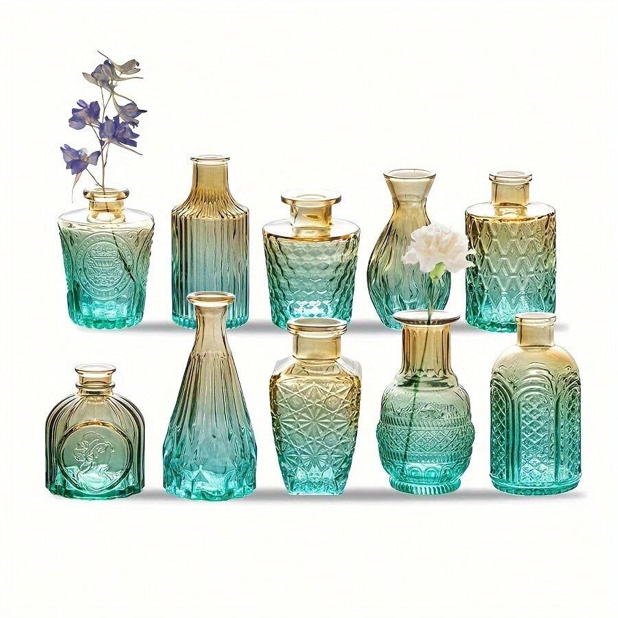 10 piezas Floreros pequeños vintage con relieve degradado, decoración central, para escritorio, boda, regalo de inauguración de casa (Amarillo-Verde)