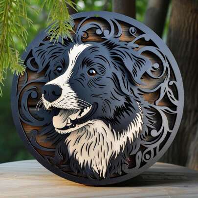 1 Pc 8x8 Inch Spring 2D Flat Iron Sign, Office Mother Decor, Laser Cut Iron Window Decoration, Round Plaque, Border Collie Themed Decorations