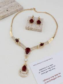 3 件套红色水滴玻璃水钻项链和耳环套装，女士珠宝套装，适合情人节、圣诞节、婚礼、派对、约会、礼物、妈妈、母亲、母亲节、礼物 - 酒紅色 - 查看 4