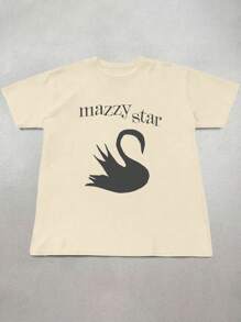 LOVE JOYY Mazzy Star 女士休闲圆领 T 恤，可爱天鹅卡通印花，乐队短袖 T 恤，送给她的礼物，复古 90 年代乐队 T 恤，适合所有季节 - 杏色 - 查看 4