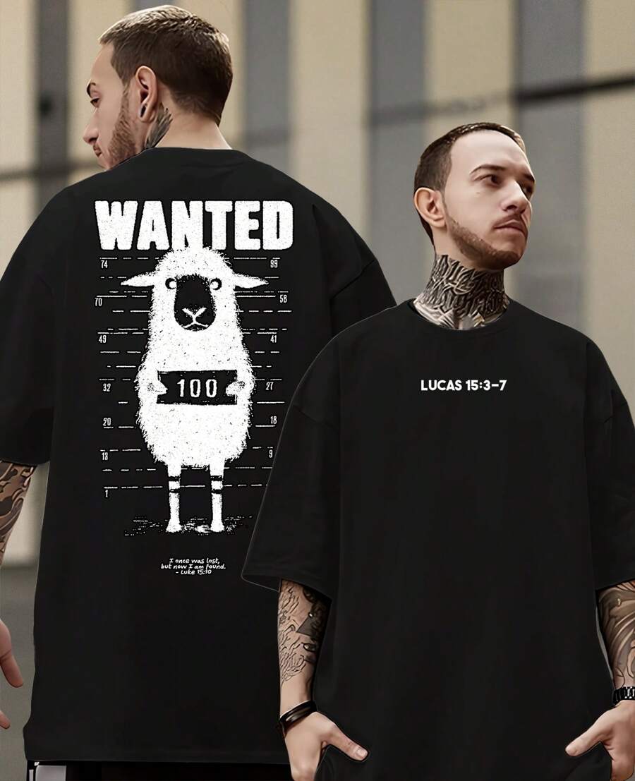 Wanted Streetwear Religious T-Shirt Parable Luke 15:3-7 Psalm Bible Sheep - 黑色 - 查看 1