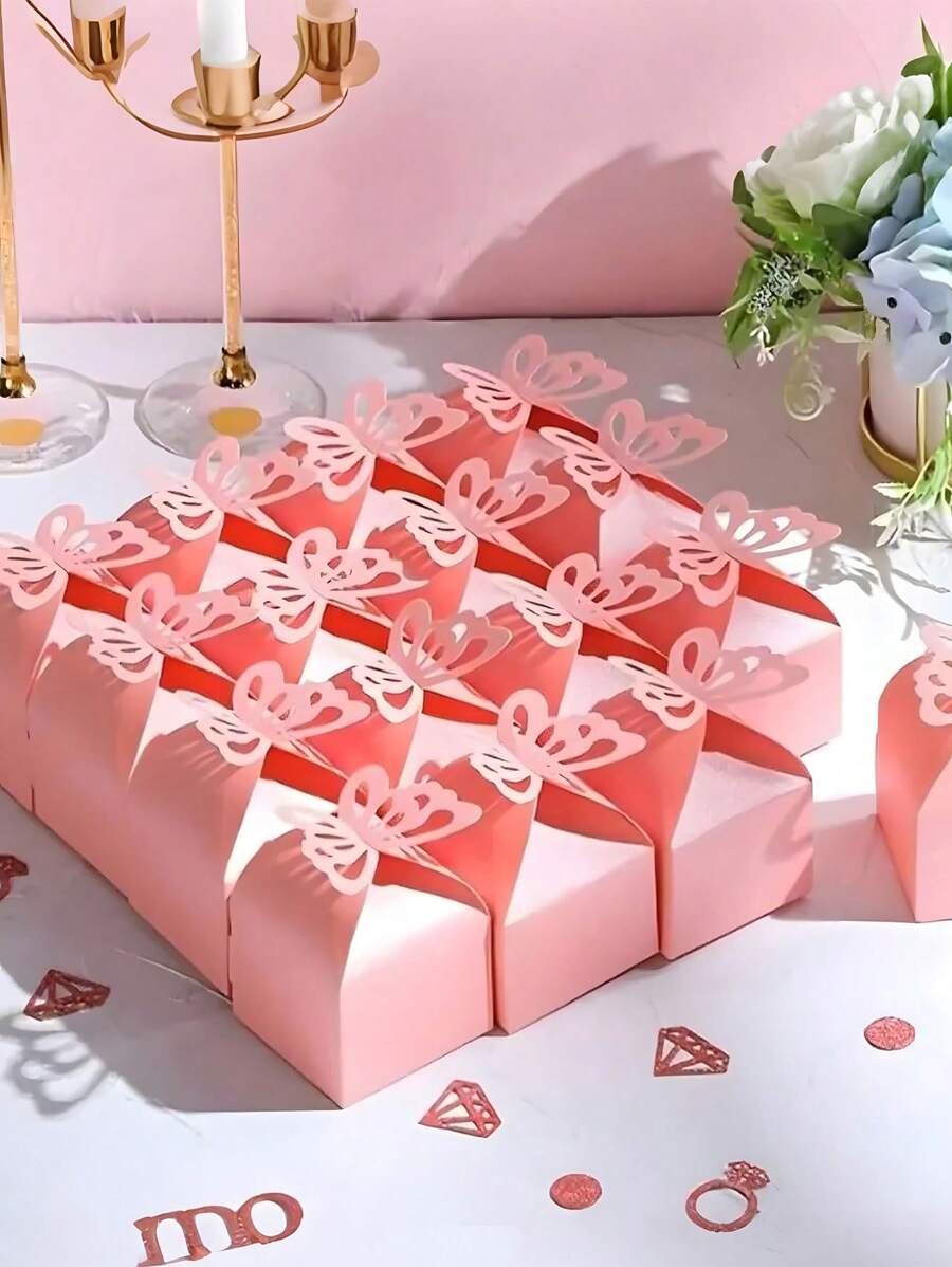 10/20pcs Butterfly Decor Gift Box, Pink Paper Creative Candy Box For Party, Birthday Wedding Party Pearlescent Paper Butterfly Gift Box Square Gift Box Holiday Paper Box, Delicate Butterfly Gift Box, Graduation Season, Decoration Party, Small Butterfly Gift Box (Pink)