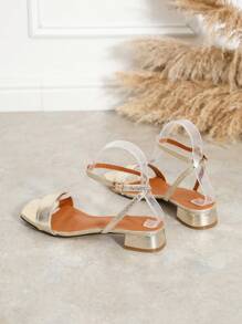 Women's Fashion Square Toe Multi-Strap Hollow-Out Open-Toe Flat Sandals With Metal Buckle, Comfortable Versatile Non-Slip Roman Slides,Spring Summer Outfits - Gold - View 7