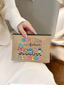 教师礼物，送给最好的老师字母印花化妆包，礼品袋旅行拉链袋，轻便收纳袋 - 紫紅色 - 查看 4