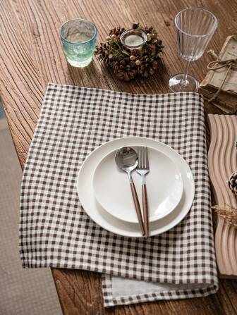 复古乡村风格简约装饰印花餐垫，咖啡色小格子长方形，多功能餐桌、杯垫、隔热垫，四季皆宜