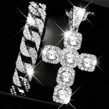 2 件奢华男士嘻哈首饰套装 - 不锈钢 3D 吊坠、方形链条项链和手链，配黑白 CZ 宝石 - 街头风格配饰，适合父亲节、情人节、复活节、生日、圣诞节礼物