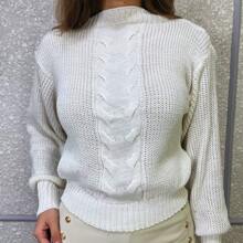 Women's Knitted Blouse With Puff Sleeves, Round Neck, Soft Braid, Winter - Blanco - Ver 3