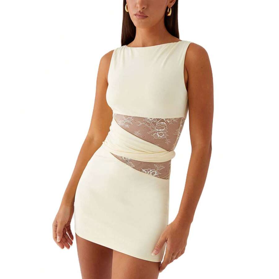 Women Mini Dress Lace Patchwork Sleeveless Dress Summer Casual Bodycon Short Dress - Yellow - View 1