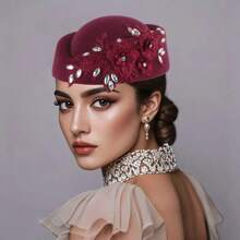 1Pc Felt Turban Hat Pillbox Hats For Women Derby Hat Fascinator Hats With Flower Embellished Elegant Ladies Tea Party Hats Vintage Beret Hat Decorated With Rhinestone Fashion Fedoras Cap For Cosplay Costume Accessories For Wedding Party Women Ladies Gift 2025 New Style.