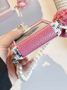 Funda de teléfono de piel sintética personalizada con nombre, patrón de litchi y bola de peluche con perlas, compatible con Samsung Galaxy Z Flip 6, 5, 4, 3 plegable a prueba de golpes