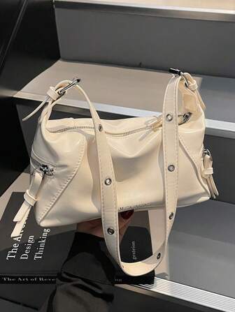 2021 New Popular Women's Shoulder Bag, Niche Design Handbag, Casual & Versatile, Minimalist & Fashionable Underarm Bag, Comfortable PU Material, Solid Color Design, Zipper Closure, Adjustable Long Shoulder Strap, Online Spring/Summer Pillow-Shaped Bag