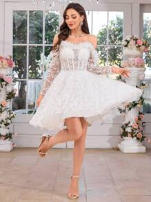UNITHORSE UNITHORSE V-Neck Strapless Dress With Long Sleeves, Luxurious Lace Trim Decorated Skirt, Light Wedding Dress, Fishtail Waist Formal Dress,Bride, All White Party Outfit Women