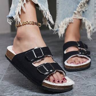 女士平底凉鞋，休闲毛绒一脚蹬拖鞋，带双带扣和搭扣，加大码，适合室内和室外