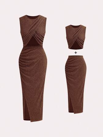 2 Pieces Set: Round Neck Cropped Front & Side Ruched Elastic Waist Open Slit Knitted Texture Vest And Skirt, Spring/Summer Fashion