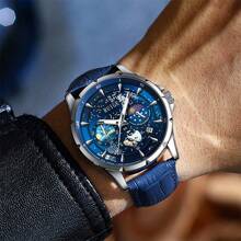 RUIG Relógio Casual Quartz Masculino RUIGE, Couro PU Multifuncional Cronógrafo, Exibição de Fase da Lua, Luz Noturna, Relógio Presente Masculino