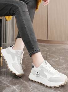 2024 年秋季新款女士厚底厚实运动鞋，透气厚底系带拼色休闲运动鞋 - 白灰 - 查看 5