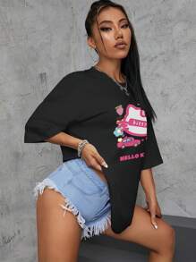Sanrio 1 pieza Camiseta de mujer de manga corta y cuello redondo con estampa de dibujos animados de Hello Kitty, prenda superior gráfica para ropa informal de verano, ropa interior y atuendos para mujer con personajes como Kuromi y My Melody