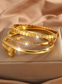 Camhanno 3 Pieces Of Light Luxury And Elegant, Atmospheric Fashion Stainless Steel Versatile Rotating, Single-Row Diamond, Love/Flower Embossed Bracelet Is Suitable For Daily Wear, Holiday Girlfriend