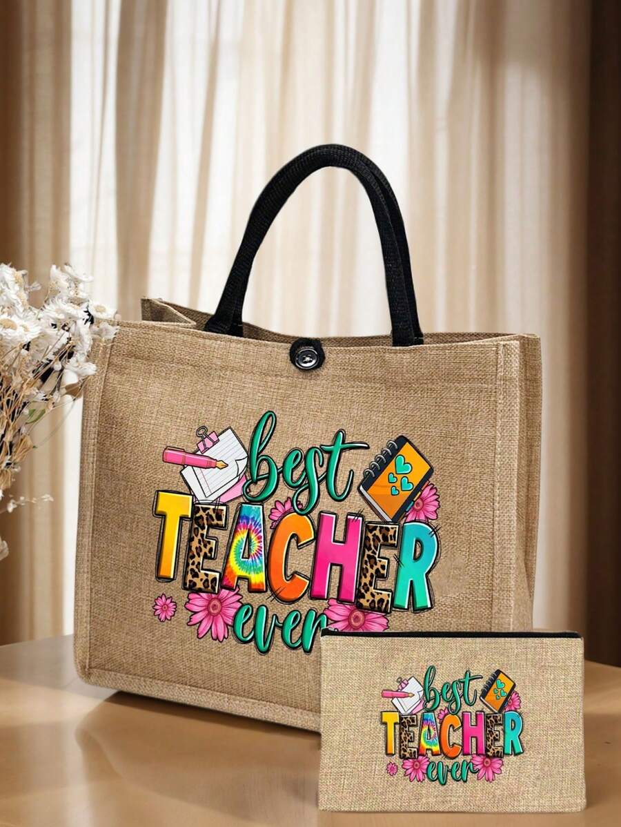 1/2 件创意教师字母印花亚麻手提包，大包带小包，卡其色和黑色购物袋，女士手提包，适合通勤、购物和日常休闲使用，适合送给家人和朋友 - 卡其色 - 查看 1