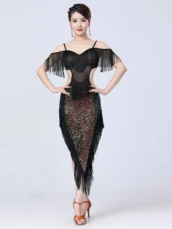 1件女式时尚拉丁舞裙亮片流苏拉丁舞专业成人演出服舞蹈舞台表演服流苏舞蹈裙