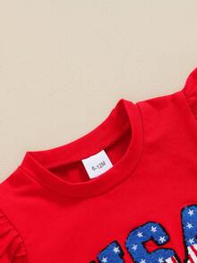 Kids Girls 4th Of July Outfits Letter Embroidery Short Sleeve T-Shirt And Tulle Skirt Set Toddler Summer Clothes - Red - View 5