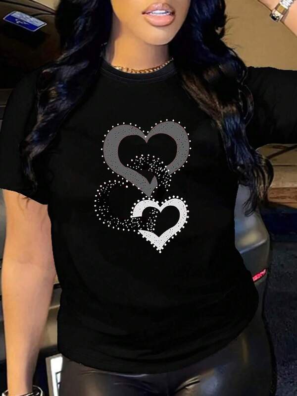 Top casual a maniche corte in seta di latte con stampa a cuori, per l'estate, da donna