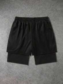 Men's Street Fashion Cross Print Knit Drawstring Shorts,2-In-1 Athletic Shorts Perfect For Gym Basketball & Beach Outings Cross Active Drawstring - 黑色 - 查看 3