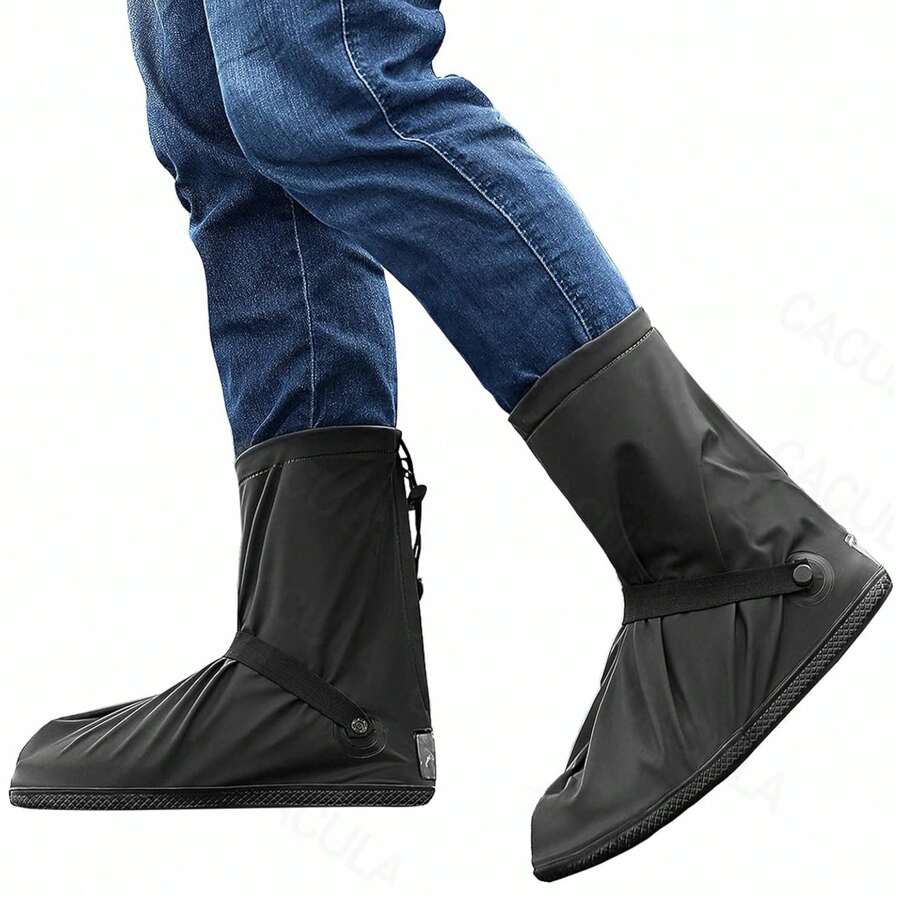 Pvc Waterproof Shoe Covers With Reflectors,Cover Non Slip Waterproof Shoe Covers Reusable Protectors Covers High Top Snow Boots Galoshes Overshoes For Men Women Outdoor Cycling Camping Fishing - 黑色 - 查看 1